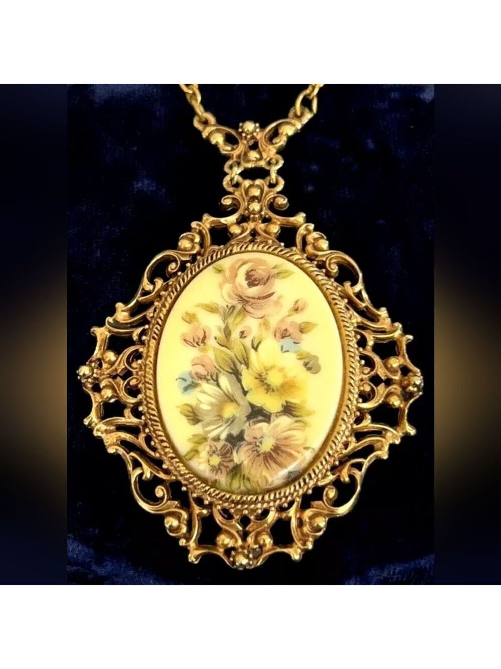 COPY - Vintage Vendome Floral and Rose Gold Tone Filigree Pendant Necklace